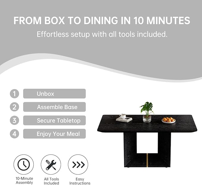 63" Modern Black Dining Table Set for 4 with Chairs, 5 Piece Rectangular Dining Room Table and 4 PU Leather Chairs, Kitchen Dining Set with Matte Wood Finish, Geometric Base, Easy Assembly