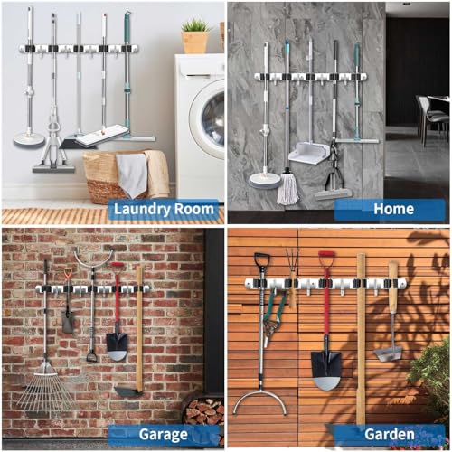 Broom Holder Wall Mount, Stainless Steel Broom Hanger Wall Mount, Heavy Duty Mop and Broom Holder Tool Racks Utility Hooks for Laundry Room Garden Garage, Grey (4 Racks and 5 Hooks) - color: Gray, size: 1Pack 4R5H
