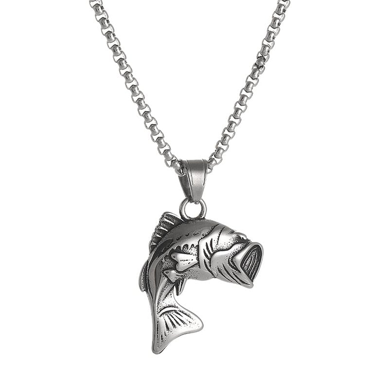 BaBakiak Largemouth Bass Fish Necklace, Fisherman Stainless Steel Jumping Bass Pendant
