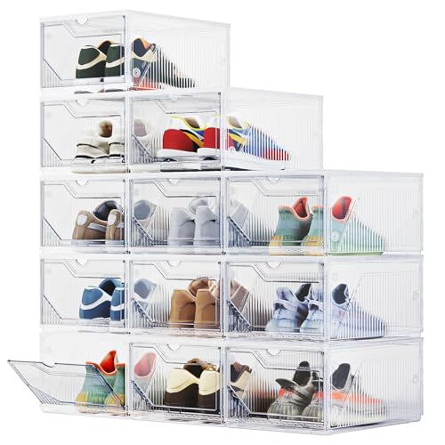 XX-Large Shoe Sneaker Storage Boxes for Size 14, Stackable & Thicken Clear Plastic Shoe Organizers 12 Packs for Entryway Closet Under Bed, Shoe Storage Cabinets Container Display Case w/ Magnetic Door - size: 12 packs