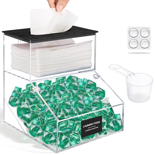 2 in 1 Dryer Sheet Holder & Laundry Pods Container, Laundry Detergent Organizer Container with Lid, Acrylic Laundry Room Organization Storage Containers with Labels, Dishwasher Pod Holder - color: Black - New 2