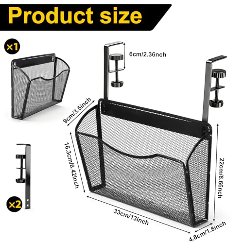 Clamp On Desk Organizer, 2-IN-1 Under Desk Side Organizer Storage Hanging Wall Mounted File Holder Under Desks Drawer Mesh File Organizers for Office Home Room Storage Basket