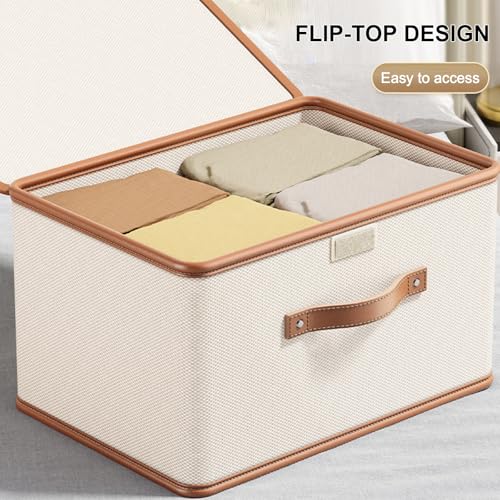 Oxford Fabric Storage Bins with Attached Lid - Large Clothes Organizer (44x30x29cm), Breathable Collapsible Closet Bins for Clothing, Seasonal & Dorm Organization, Beige - size: 1PCS