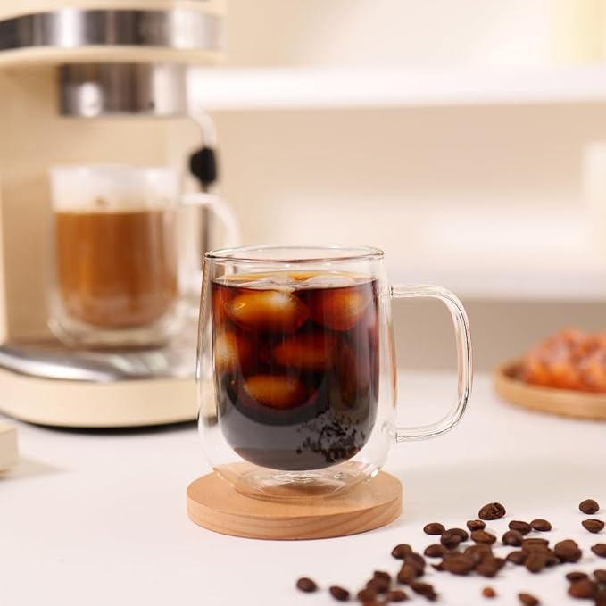 CNGLASS Large Double Wall Glass Coffee Mug 15.2oz,Clear Insulated Glass Espresso Cup with Big Handle,Clear Glass Espresso Mugs for Latte,Cappuccino,Tea Bag,Hot and Cold Beverages,set of 4
