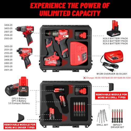 Case for Milwaukee M12 Impact Driver & Drill Set - Waterproof Tool Box with Removable Modules for Milwaukee Fuel Tools Combo Kit, Tool Bag for Hammer Drill/Impact Driver/Battery/Charger (Case Only)