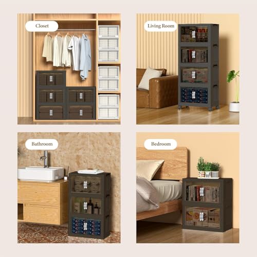 51QT Stackable Storage Bins with Lids & Wheels - Foldable Cabinet Clear Door Plastic Organizer Containers for Home, Garage, Pantry Organization - Collapsible Design Gray 4T - size: 51Qt/13Gal-4Packs/1Top Lid