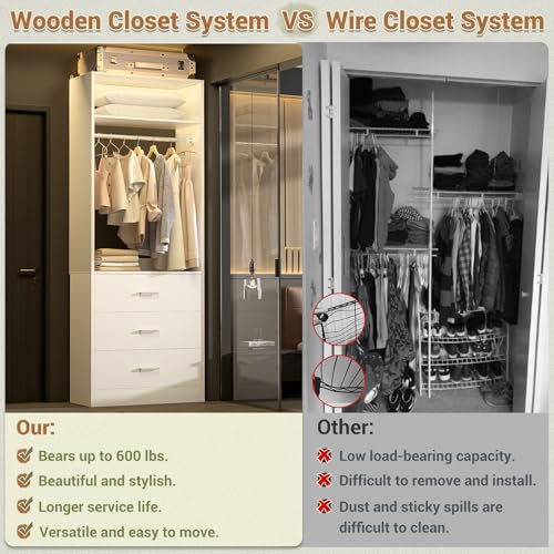 Besiost Closet System Set of 2, 4FT Closet Systems with 6 Wood Drawers, 48" Closet Organizer System with 2 Hanging Rods & 2 Shelves, Heavy Duty 48 Inch Walk-in Closet , White (48"L x 15" W x 80" H) - color: White, size: 4FT