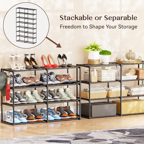 SUFAUY Large Shoe Rack Organizer, 2 Row 8 Tier 32-40 Pairs with Hooks, Sturdy Metal, DIY Stackable &Adjustable, Black