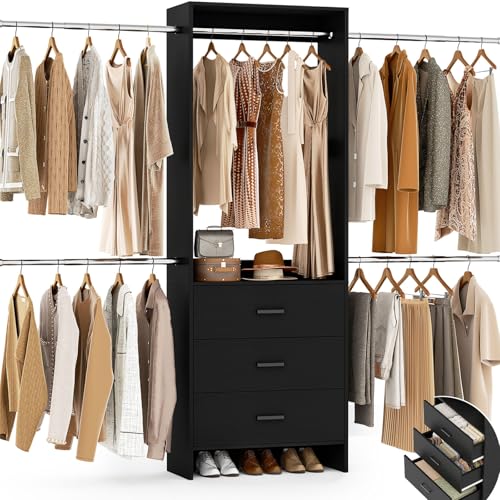 Aheaplus Closet System With 3 Wooden Drawers, Walk-in Wardrobe Organizer, Clothes Rack With 4 Hanging Rods, Garment Rack, -4R, Black - color: Black, size: Without Light
