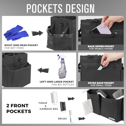 SCAVATA Compact Wearable Cleaning Caddy, Small Supplies Organizer with Handle & Shoulder Straps for Housekeepers, Under Sink & Car Cleaning Tool Organizer Bag (Black) - color: Black