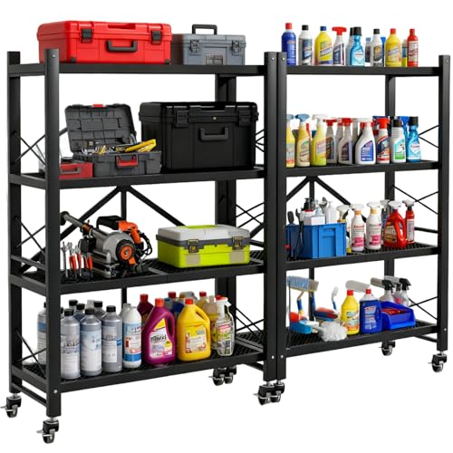 Grezone Foldable Shelves 4 Tier Heavy Duty Metal Storage Shelves with Wheels - No Assembly Collapsible Shelving Unit for Kitchen Garage Hold up to 1000 lbs - size: 39‘’W x 13.5''D x 49.8''H