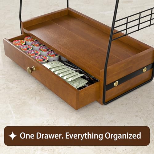 Coffee Bar Station Organizer with Built-In Drawer, 2-Tier Countertop Shelf for Tea Bags, Coffee Accessories, Syrup Bottles (Walnut) - color: Walnut