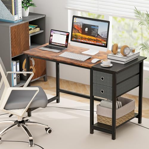 Tangkula 48-Inch Computer Desk with 2 Drawers, Modern Home Office Desk with Hanging Hook & Storage Shelf, Multipurpose Writing Desk for Study Bedroom (Rustic Brown, 48")