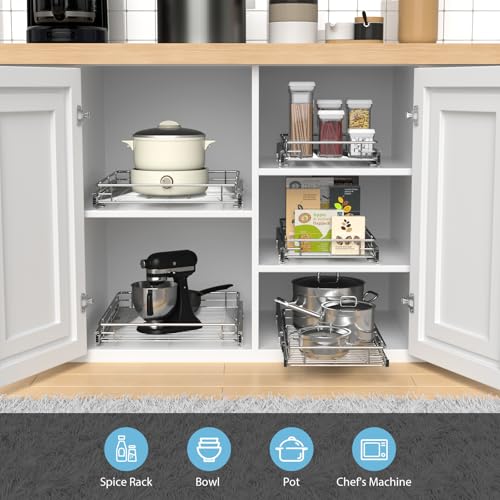 ZOINLIY Pull Out Cabinet Organizer, Versatile Slide Out Kitchen Organizers and Storage,Heavy Duty Drawer Cupboard Storage Basket, Smooth Sliding, Chrome Finish (26.8 * 21inch) - size: 26.8”W x 21”D (Outside Dimensions)