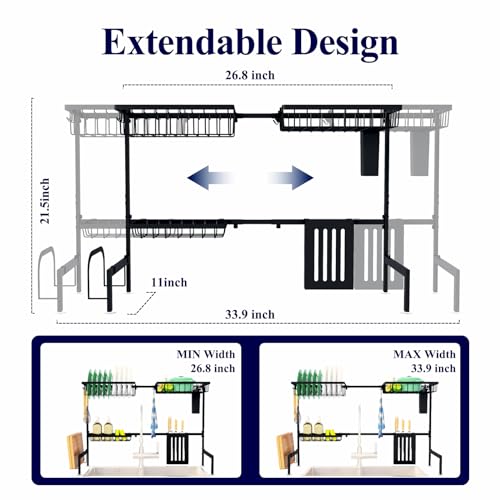 Kitsure Over The Sink Dish Drying Rack - 26.8" to 33.9"x21.5", Adjustable Sink Drying Rack for Kitchen Sink with Large Capacity, 2-Tier Dish Rack Over Sink with Multifunctional Baskets, Black - color: Black, size: Large