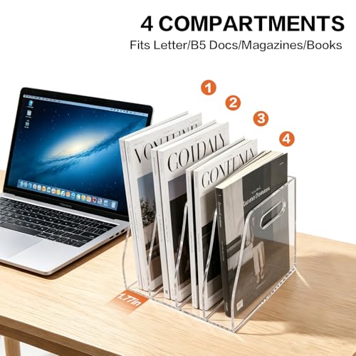 Acrylic Magazine File Holder, 4 Vertical Compartments Desk Document Sorter Organizer, Clear Bookend File Sorter Holder for Office, Documents, Tablets, Magazines, Books - size: B5 File Rack (4 slots)
