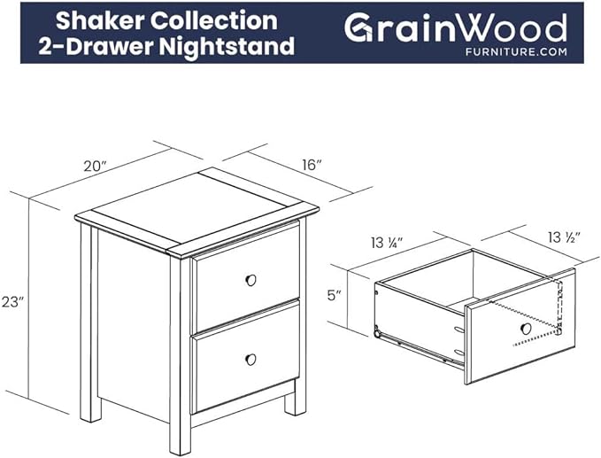 Grain Wood Furniture Shaker 2-Drawer Bedside Nightstand, Solid Wood with Expresso Finish