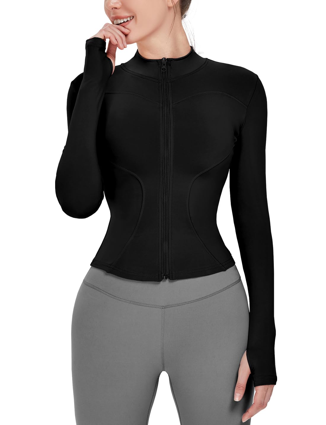 Locachy Women's Lightweight Stretchy Workout Full Zip Running Track Jacket with Thumb Holes Black S