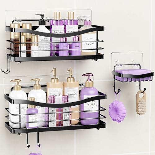 ODesign Shower Caddy 3 Pack-Shower Organizer Shelves Rack Rustproof SUS304 Stainless Steel for Bathroom Storage&Kitchen-No Drilling Adhesive Shower Caddy Shelf with 4 Hooks Suction Cup-Black - color: Black
