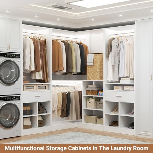 Unikito 86" Corner Closet System, Modular Closets Organizer with 4 Hanging Rods & Corner Tower, Freestanding L-Shaped Walk-In Wardrobe Organizer, Set of 3, White