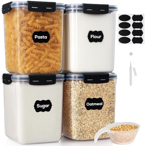 Large Thicker Food Storage Containers with Lids Airtight 5.3L/179Oz, 4pcs Plastic Pantry Storage Container for Dry Food/ Flour/ Sugar/ Pasta/ Cereal/ Baking Supplies, Canister for Kitchen Organization