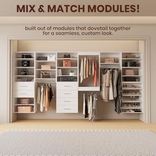 ROOMTEC Modular Closet System, 19.5" Shoe Shelf Closet Tower Wall-Mounted Closet Organizer, Wooden Tower for Walk-In Closets, Wardrobe Storage Kit, White - size: 19.5" Wide, style: Model 9