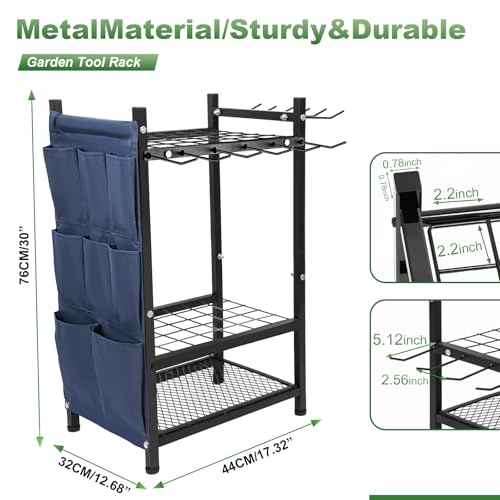 Garden Tool Rack Freestanding, Heavy Duty Garden Tool Organizer, 3-tier Tool Rack, Multifunctional Yard Tool Storage with Hooks and Storage pockets for Outdoor Long-Handled Broom Shovel Rake