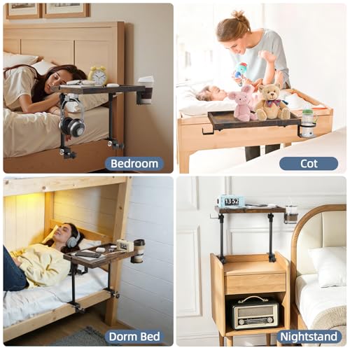 Clip On Bedside Shelf, Adjustable Bed Table with Cup Holder & Headphone Hook, Bed Tray for College Dorm, Bunk Beds, Space Saving Nightstand with Cable Management, Side Table Organizer for Bedroom