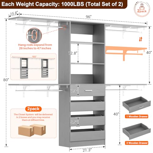 Aheaplus Closet System with Drawers Set of 2, Wood Closet Organizer System with 8 Hanging Rods & Top Shelves, Walk-in Closets Organizer Wardrobe Clothes Rack System, Cut Fits Spaces 4-9FT. Wide, Grey1 - color: Grey