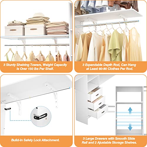 8FT Closet System, 96'' Closet Organizer System with 3 Hanging Rods, Wall Mount Bedroom Wardrobe with 3 Drawers Walk-in Closet, Adjustable Cloth Garment Rack from 5 to 8FT (Cut to Fit), White - color: White