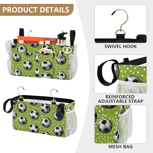 Bedside Caddy Hanging Bunk Bed Caddy Bed Organizer Hanging Pocket with 2 Hooks Bedside Storage Organizer Pocket Bag Holder Deep Green Soccer Balls Dots - color: Deep Green Soccer Balls Dots