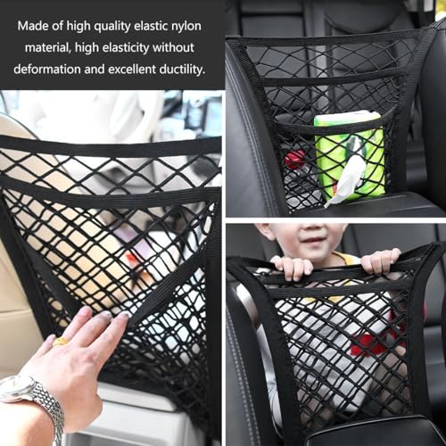 3-Layer Car Mesh Organizer, Seat Back Net Bag Stretchable Barrier of Backseat Pet Kids, Four-Side Elastic Storage Netting Pouch Cargo Tissue Purse Holder Between Front Seats - color: 3-Layer Four-Side