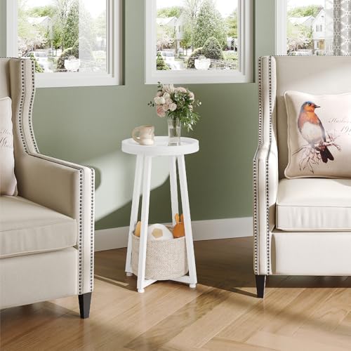 HOOBRO Small Round Side Table, 2-Tier Round Sofa End Table, Compact Nightstand with Cotton Linen Storage Basket, for Small Space, Living Room, Bedroom, Dorm, White WW183BZ01 - color: White