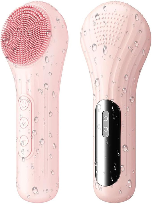 Facial Cleansing Brush, Silicone Face Scrubber with Heat and Vibration 5 Speeds, Waterproof Rechargeable Electric Face Scrub Brush for Men & Women, Deep Cleansing, Exfoliating and Massage (Pink)