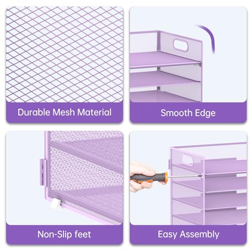 7 Tier Paper Organizer - Mesh Desktop File Holder with Handles for Office School Desk, Black (Purple) - color: Purple
