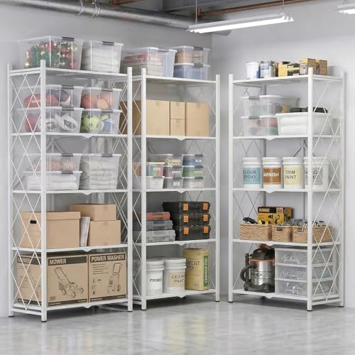 DEANIC 70.7" Tall Extra Large 5-Tier Folding Storage Shelf with Wheels, No Assembly Collapsible Metal Rack with Leveling Feet for Garage, Pantry, Basement, Vendor Display, Kitchen(White,1 Pack) - color: White