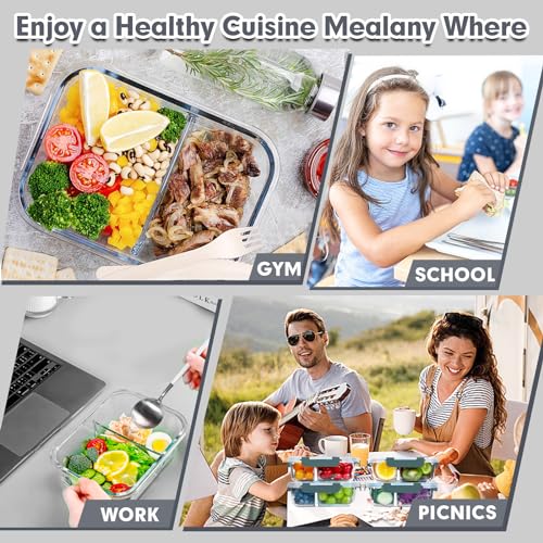 VERONES 5 Pack Glass Meal Prep Containers 2 Compartment Set, 36OZ Airtight Glass Lunch Containers, Glass Food Storage Containers with Lids, for Microwave, Oven, Freezer & Dishwasher Friendly,Grey - color: Grey