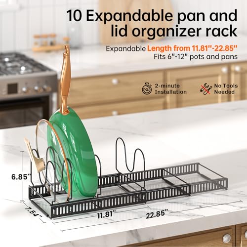 MUDEELA Pots and Pans Organizer Rack for under Cabinet, Expandable Pot Lid Kitchen Cabinet Organizer Holder with 14 Adjustable Compartment Cutting Board Organizer for Pan Lid, Bakeware - style: 14 Dividers-Black