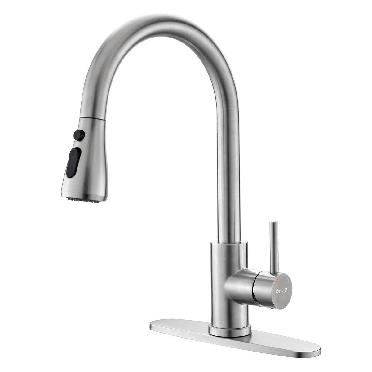 Ibergrif Kitchen Faucets with Pull Down Sprayer, Single Handle High Arc Brushed Nickel Stainless Steel 1 or 3 Hole Kitchen Sink Faucet with Deck for RV Laundry Farmhouse Bar