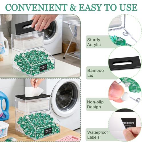 2 in 1 Dryer Sheet Holder & Laundry Pods Container, Laundry Detergent Organizer Container with Lid, Acrylic Laundry Room Organization Storage Containers with Labels, Dishwasher Pod Holder - color: Black - New 2
