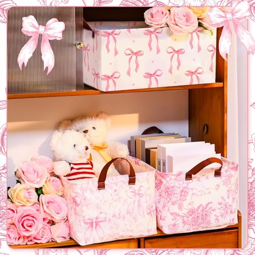 Boao 3 Pcs Pink Bow Storage Bin Coquette Collapsible Large Storage Baskets for Gifts Empty Candy Holiday Decor Canvas Laundry Basket Foldable Box with Handle for Office Home Bedroom Clothes - style: Pink Bow