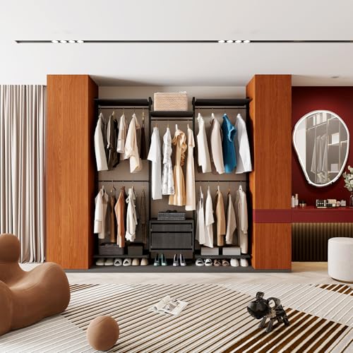 Wall-Mounted Steel & Wood Closet Organizer System with 4 Adjustable Shelves, 5 Hanging Rods, and 2 Drawers – Modern Open Wardrobe, Black - color: BC03-black