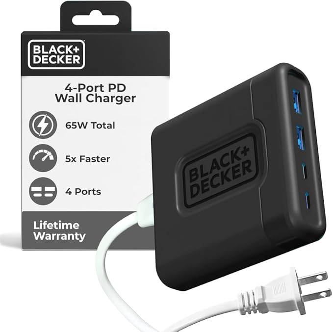 BLACK+DECKER USB C Fast Charger 65W 4 Port Type USB C Charging Station Hub Block TypeC Wall Charger Power Strip Adapter Plug 2 USBC 2 USBA for iPad iPhone 17 16 15 14 Pro Max Pixel Note Galaxy, Black