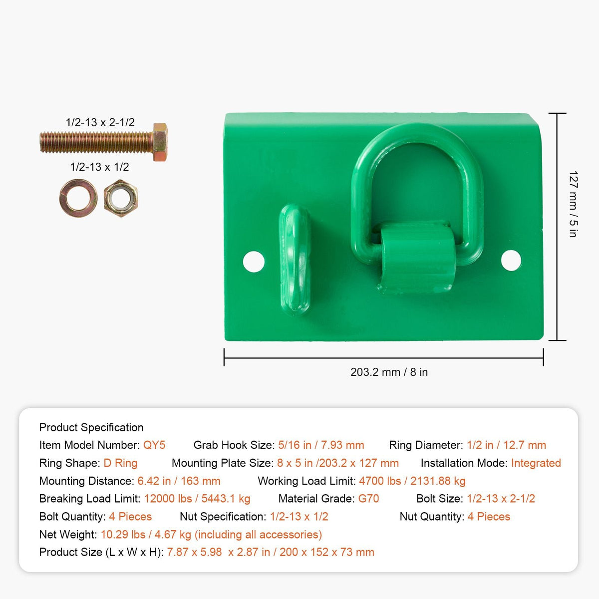 5/16" Tractor Bucket Hook with Tie Down Ring, Grade 70 Forged Steel 2 Pack Bolt-On Grab Hook with Back Plate Compatible for Tractor Bucket RV UTV Truck, Maximum Break Strength 12,000 lbs, Green