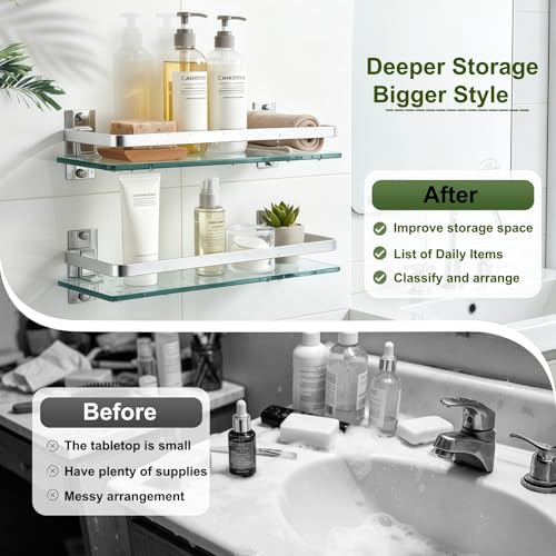 AIJALY 2 Pack Bathroom Glass Shelf,15.7 Inches Silver Bathroom Shower Glass Shelf Wall-Mounted, Metal Storage Floating Kitchen Shelf - color: Silver 2 Pack