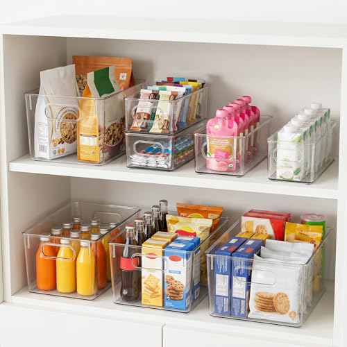 YKIOKE 8 Pack Clear Plastic Storage Bins with Handles,4 Large and 4 Small Stackable Organizer Containers for Kitchen, Countertops, Cabinets, Fridge, Drinks, Fruits, Vegetable, Cereals - size: 8-Pack