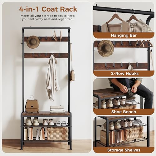 DUMOS Hall Tree with Shoe Bench and Coat Rack, Entryway Bench with Shoe Storage and Hooks, 4-in-1 Coat and Shoe Rack for Entryway, Mudroom Storage Organizer with Shelves, Rustic Brown