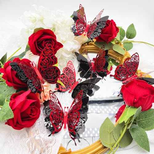 3D Red Butterfly Wall Stickers 6pcs Removable Valentine's Red Rose Butterfly Stickers Wall Decal Butterfly Wall Decals for Home and Room Decoration Wedding Bedroom Decor Living Room Sticker