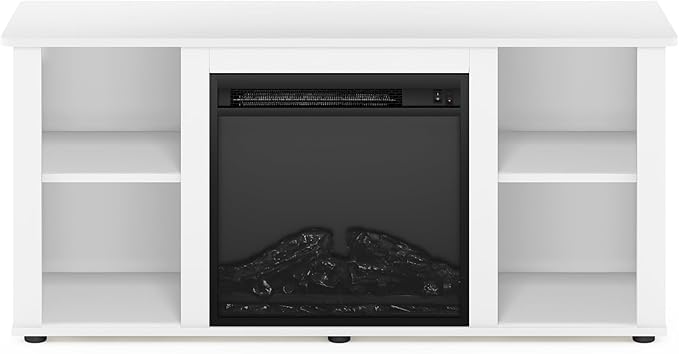 Furinno Jensen Entertainment Center Stand with Fireplace for TV up to 55 Inch, Corded Electric, White