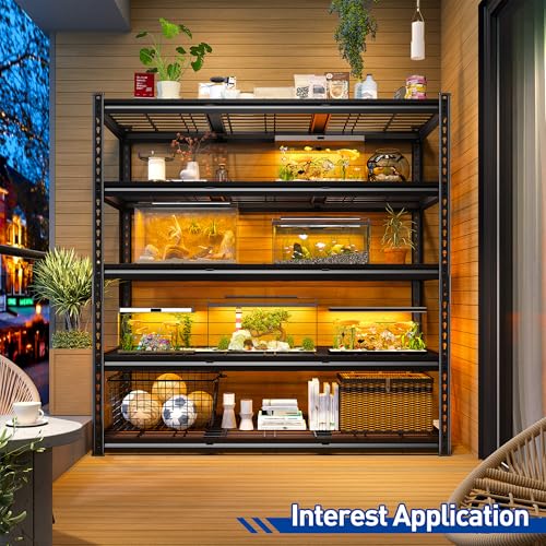 REIBII 55" W Garage Shelving Unit, 5-Tier Adjustable Rivet Metal Shelves, 2800 LBS Industrial Steel Storage Shelves with Reinforced Mesh, for Warehouse Basement Pantry, Shed, Black, 72" H x 17.7" D - size: 55"Wx17"D x 72"H